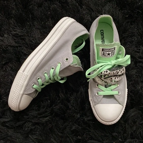 Light Gray and Mint Double Tongue Converse - Picture 2 of 7